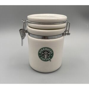 STARBUCKS Coffee White Mini Canister 2007 Mermaid Logo Locking Ceramic 4.5"‎